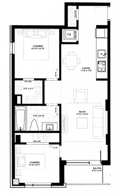 Floor plan for 2 beds, 1 bath, 764 sqft